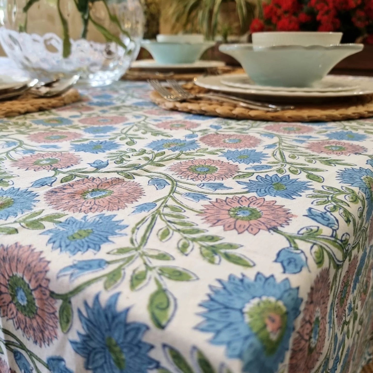 Kolka Kumudani Hand Block-Printed Tablecloth - Pink-3