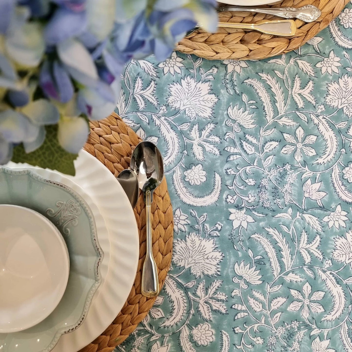 Kolka Poppy Hand Block-Printed and Screen-Printed Textiles Tablecloth - Blue-4