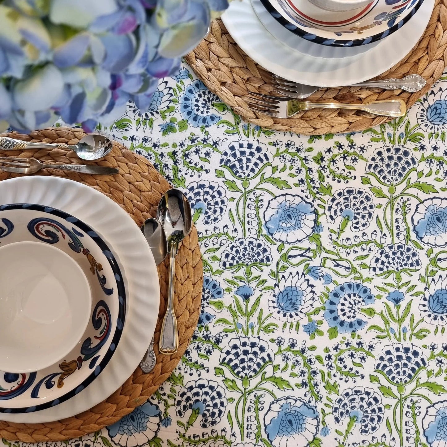 Kolka Senetti Hand Block-Printed & Sreen-Printed Textiles Tablecloth - Green-4