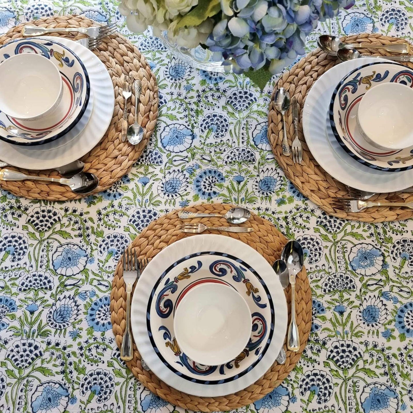 Kolka Senetti Hand Block-Printed & Sreen-Printed Textiles Tablecloth - Green-1