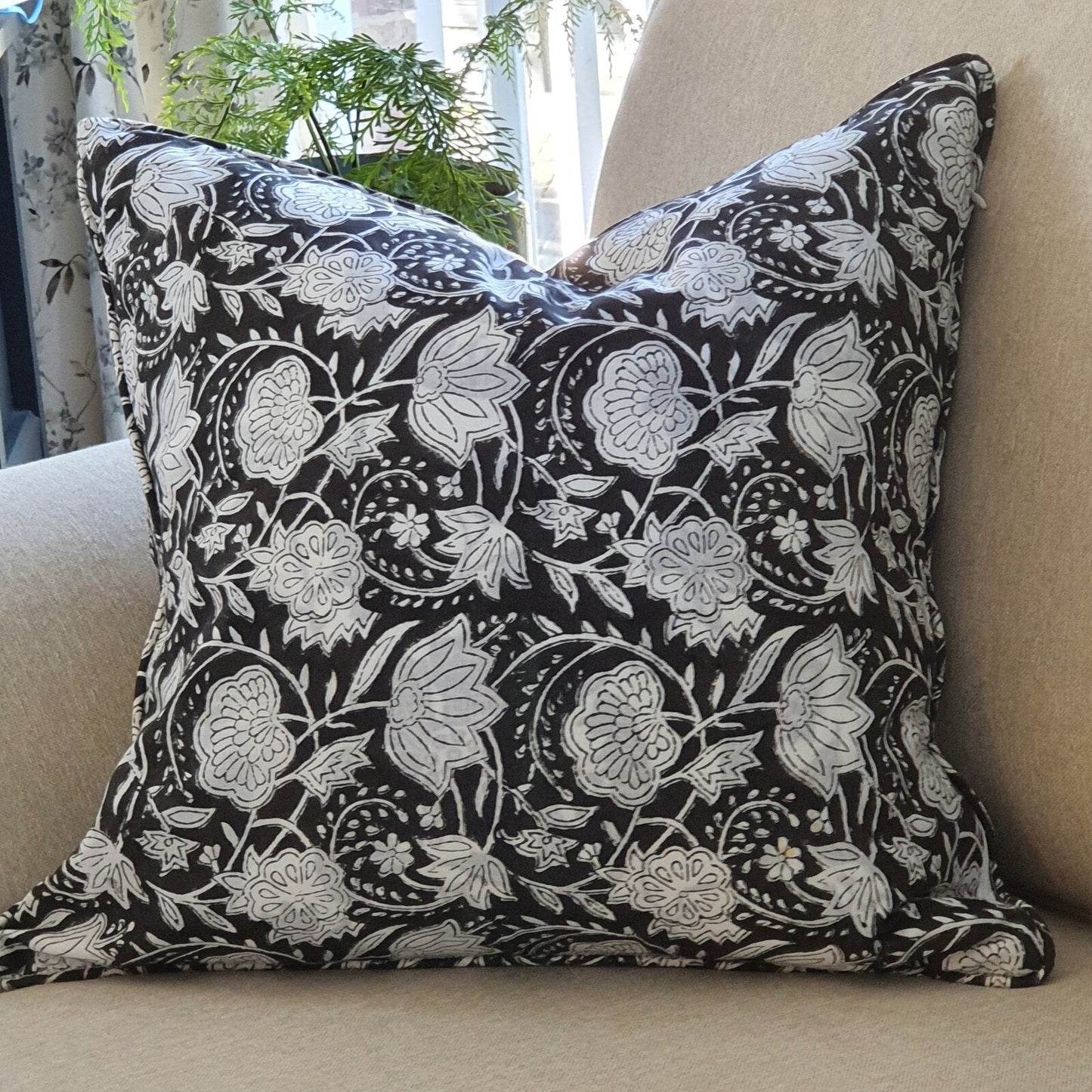 1x Kolka Black Floral Lounge Decorative Cushion Soft Cotton Cover - Black-1