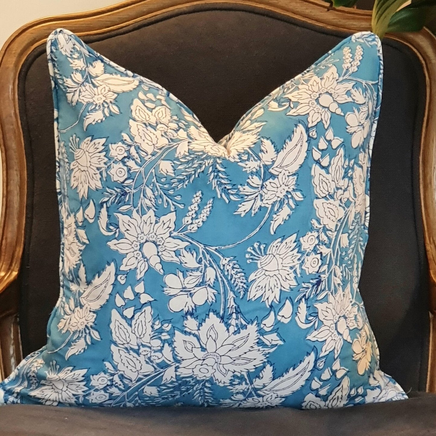 Kolka Blue Hamptons Soft Cotton Voile Decorative Block-Printed Cushion - Blue-1