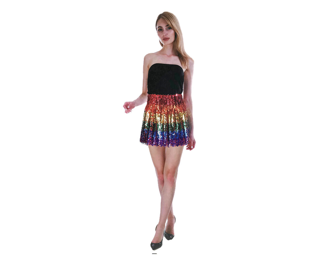 Ladies Sequin Fringe Tassel Skirt Adult Costume Dance Party Dress Up - Rainbow