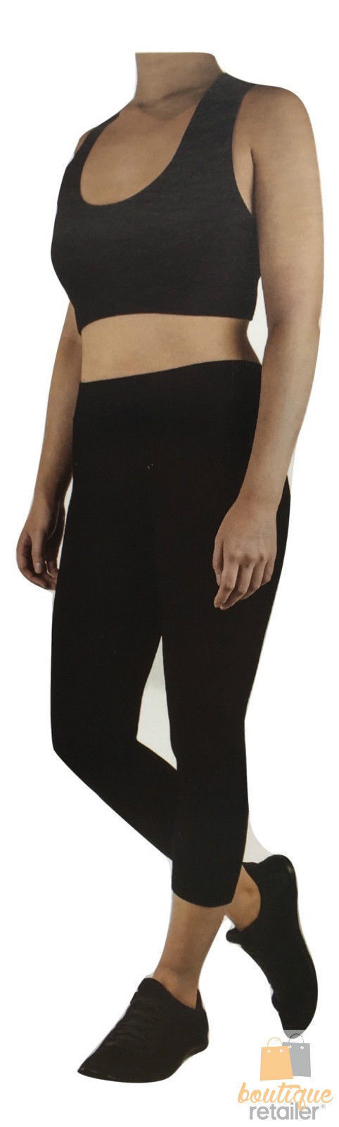 Womens Crop Top Leggings Set Stretch Gym Yoga Party Outfit - Black