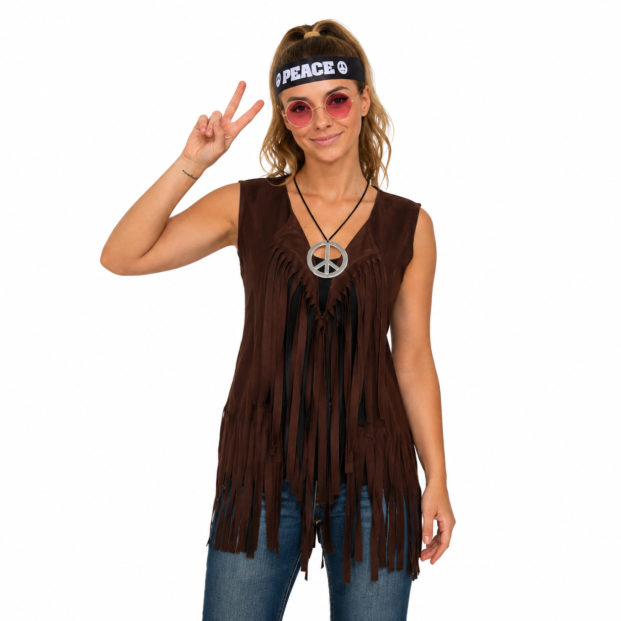 Womens Adult 60s Brown Hippie Vest Party Costume