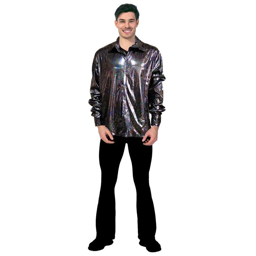 Mens 70s Disco Shirt Costume Metallic Long Sleeve Party Outfit One Size - Black