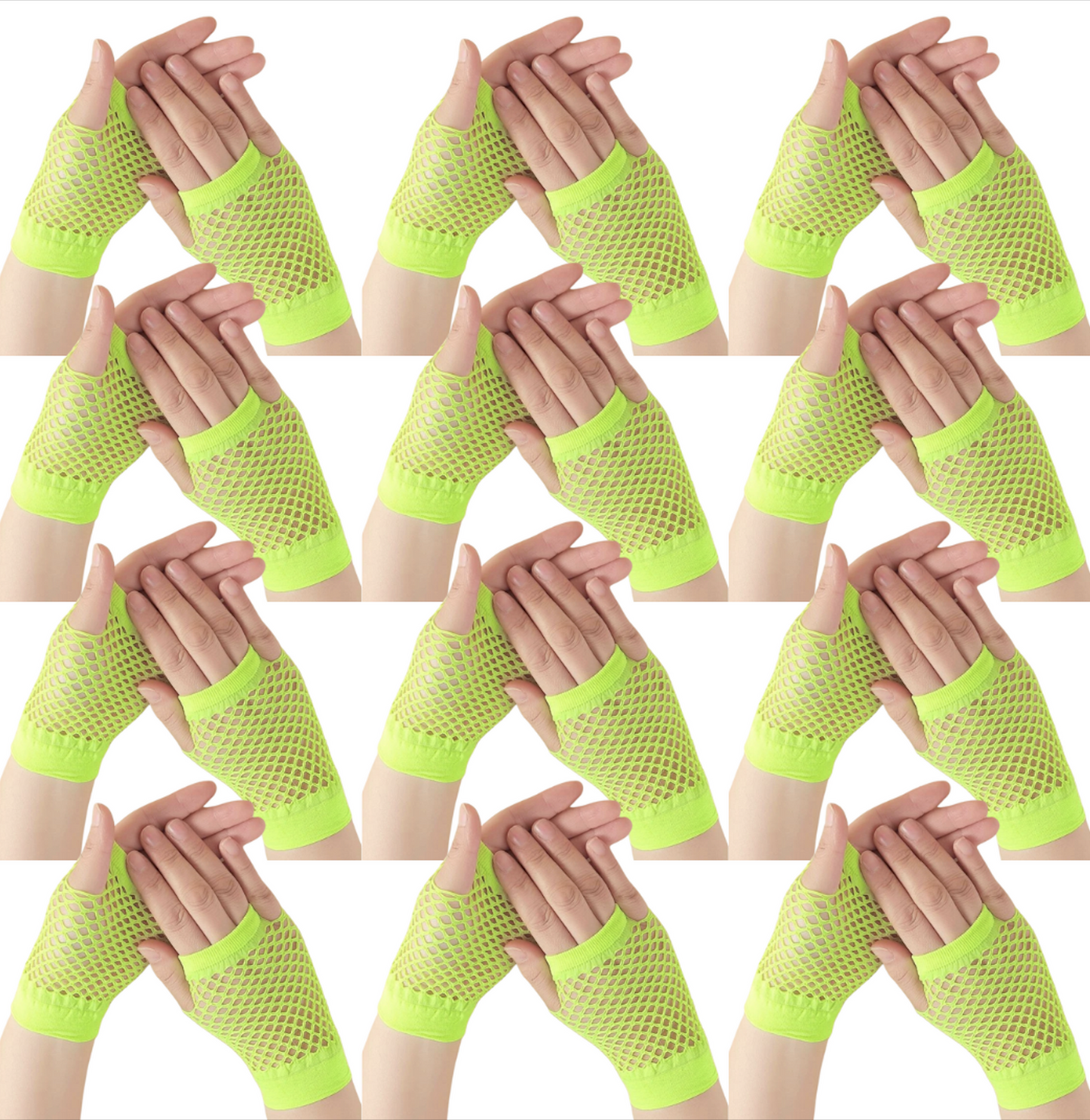 12 Pair Fishnet Gloves Fingerless Wrist Length 70s 80s Costume Party - Fluro Yellow-0
