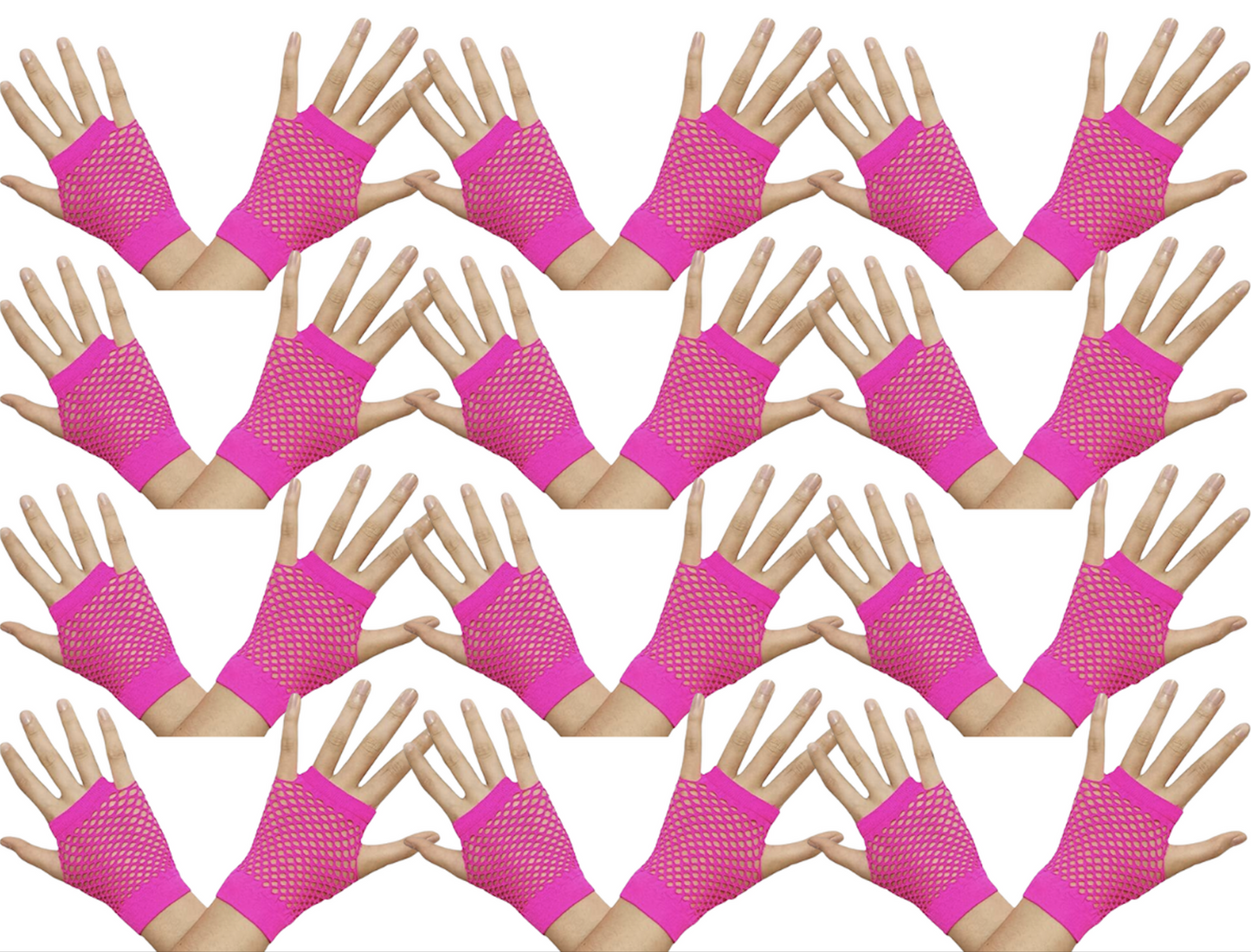12 Pair Fishnet Gloves Fingerless Wrist Length 70s 80s Costume Party - Hot Pink-1