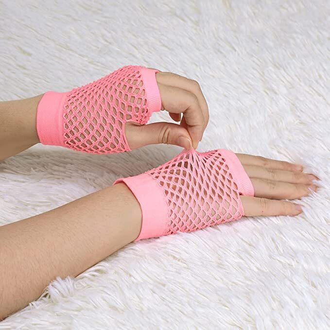 12 Pair Fishnet Gloves Fingerless Wrist Length 70s 80s Costume Party -Light Pink-3