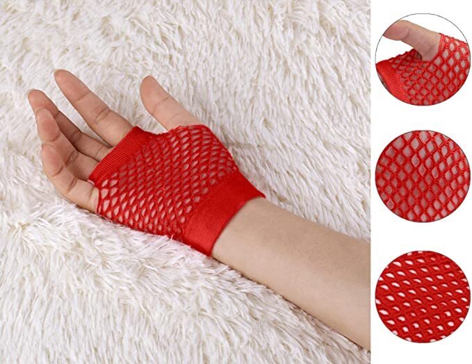 12 Pair Fishnet Gloves Fingerless Wrist Length 70s 80s Costume Party Bulk - Red-4