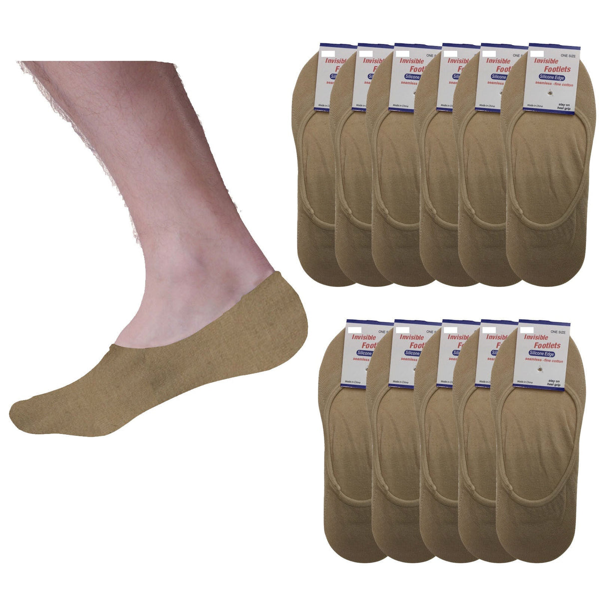12x NO SHOW COTTON SOCKS Non Slip Heel Grip Low Cut Invisible Footlet Seamless - Beige