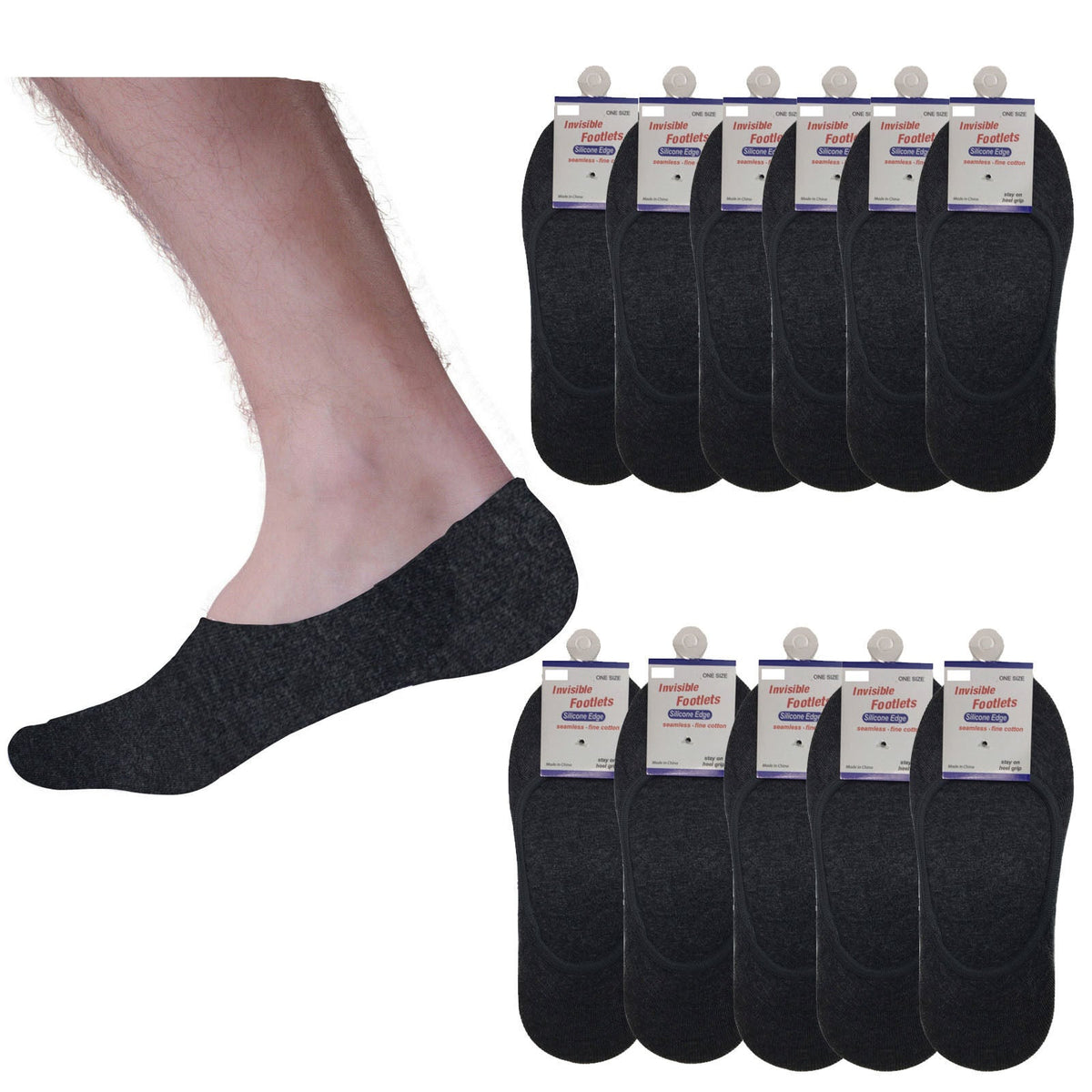 12x NO SHOW COTTON SOCKS Non Slip Heel Grip Low Cut Invisible Footlet Seamless - Charcoal