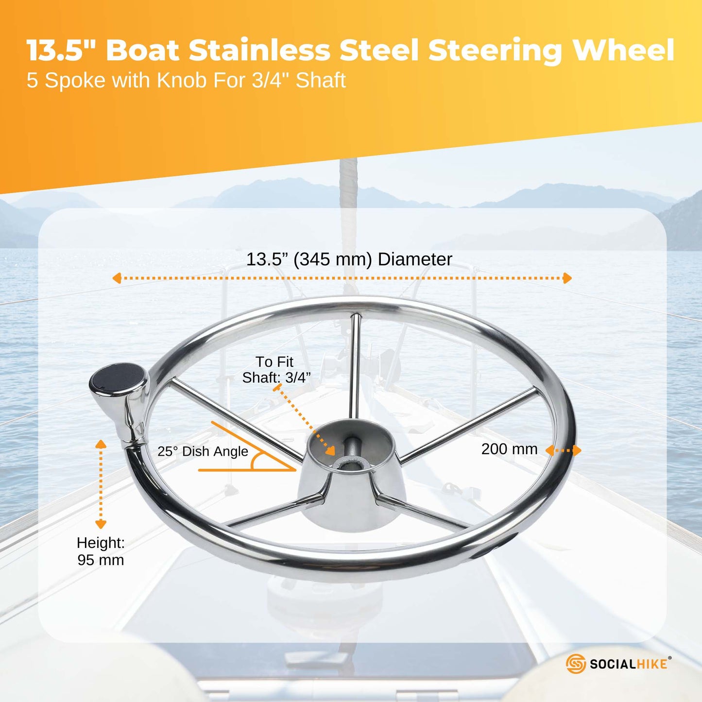 13.5" Boat Stainless Steel Steering Wheel - 5 Spoke with Knob For 3/4" Shaft-1