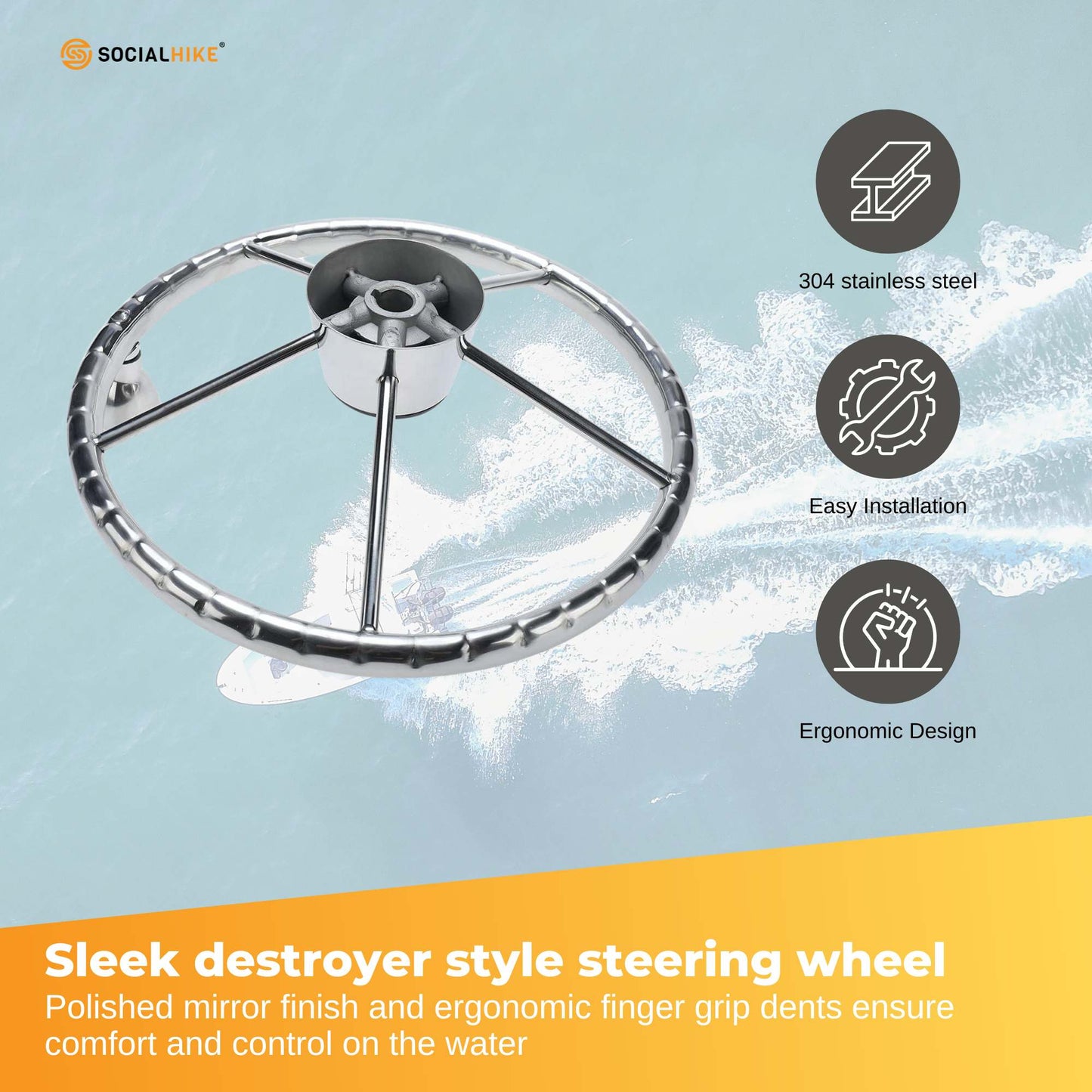 13.5" Boat Stainless Steel Steering Wheel - 5 Spoke with Knob For 3/4" Shaft-2