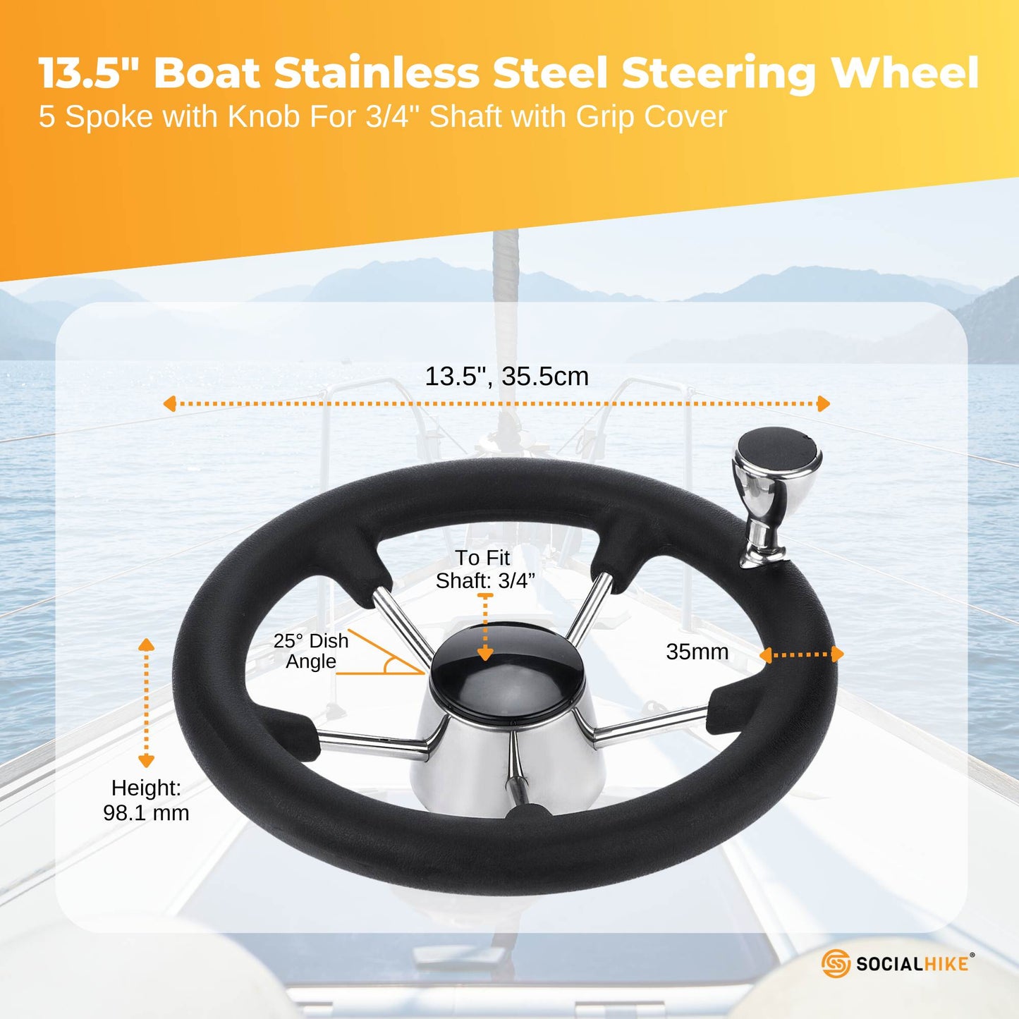 13.5" Boat Steering Wheel With Grip Cover - Stainless Steel 3/4" 5 Spoke With Knob-1
