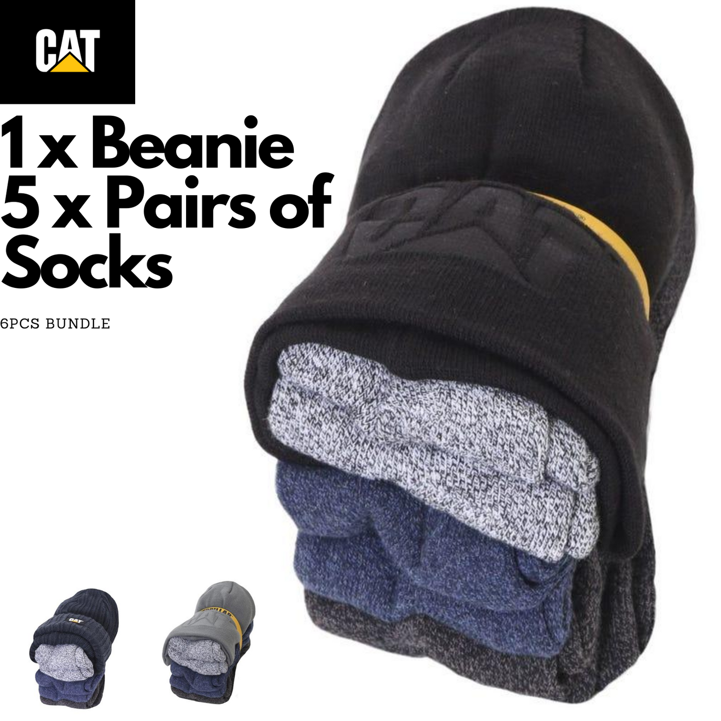 6pcs CAT Beanie & Socks Bundle Pack Caterpillar Warm Winter Kit - Assorted