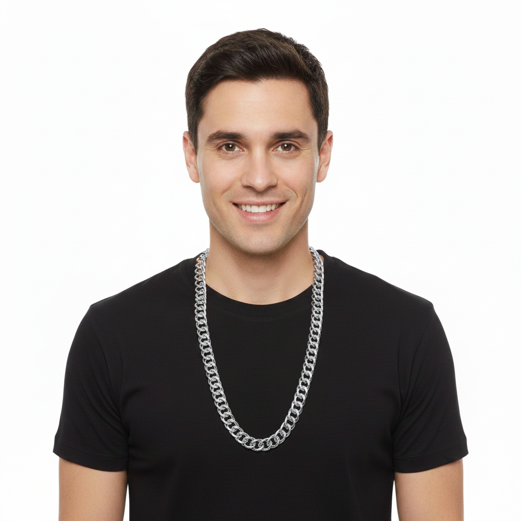 BIG NECKLACE 50cm Pimp Costume Party Fancy Dress Gangster Chain Jewellery - Silver
