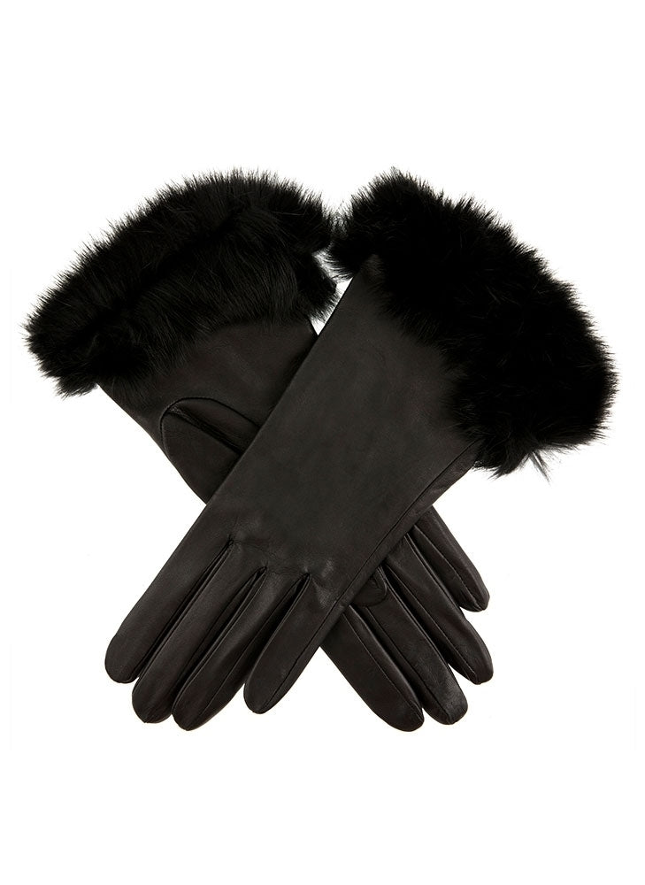 Dents Womens Silk Lined Leather Gloves with Fur Cuffs - Black/Rose-1