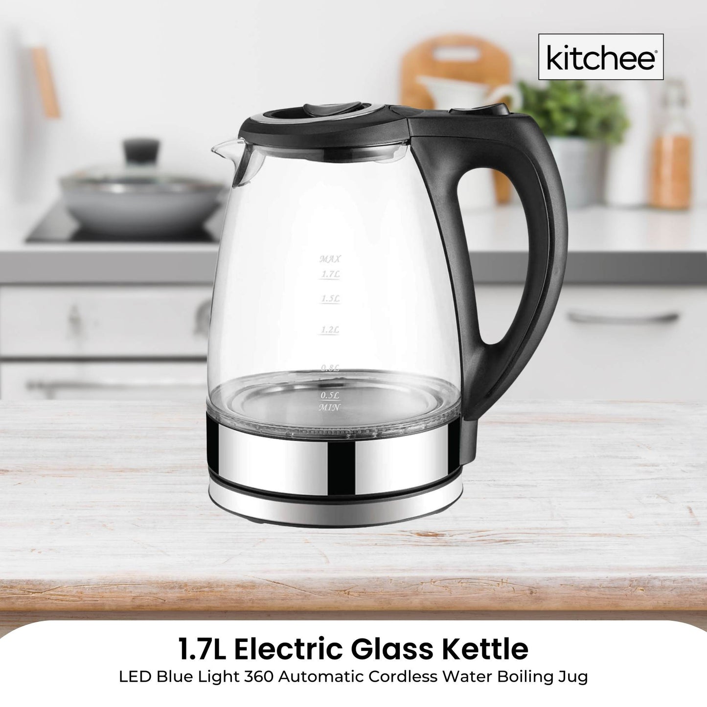 1.7L Electric Glass Kettle LED Blue Light 360 Automatic Cordless Water Boiling Jug-1