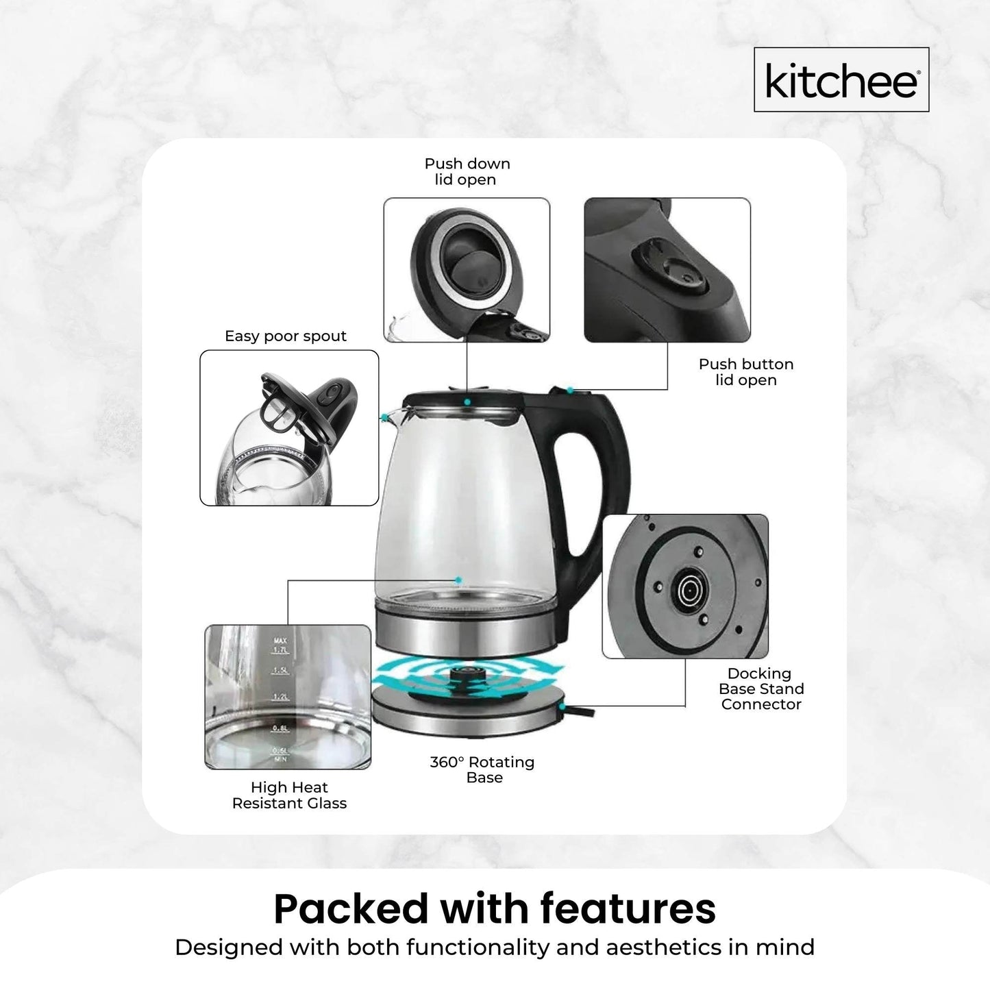 1.7L Electric Glass Kettle LED Blue Light 360 Automatic Cordless Water Boiling Jug-3