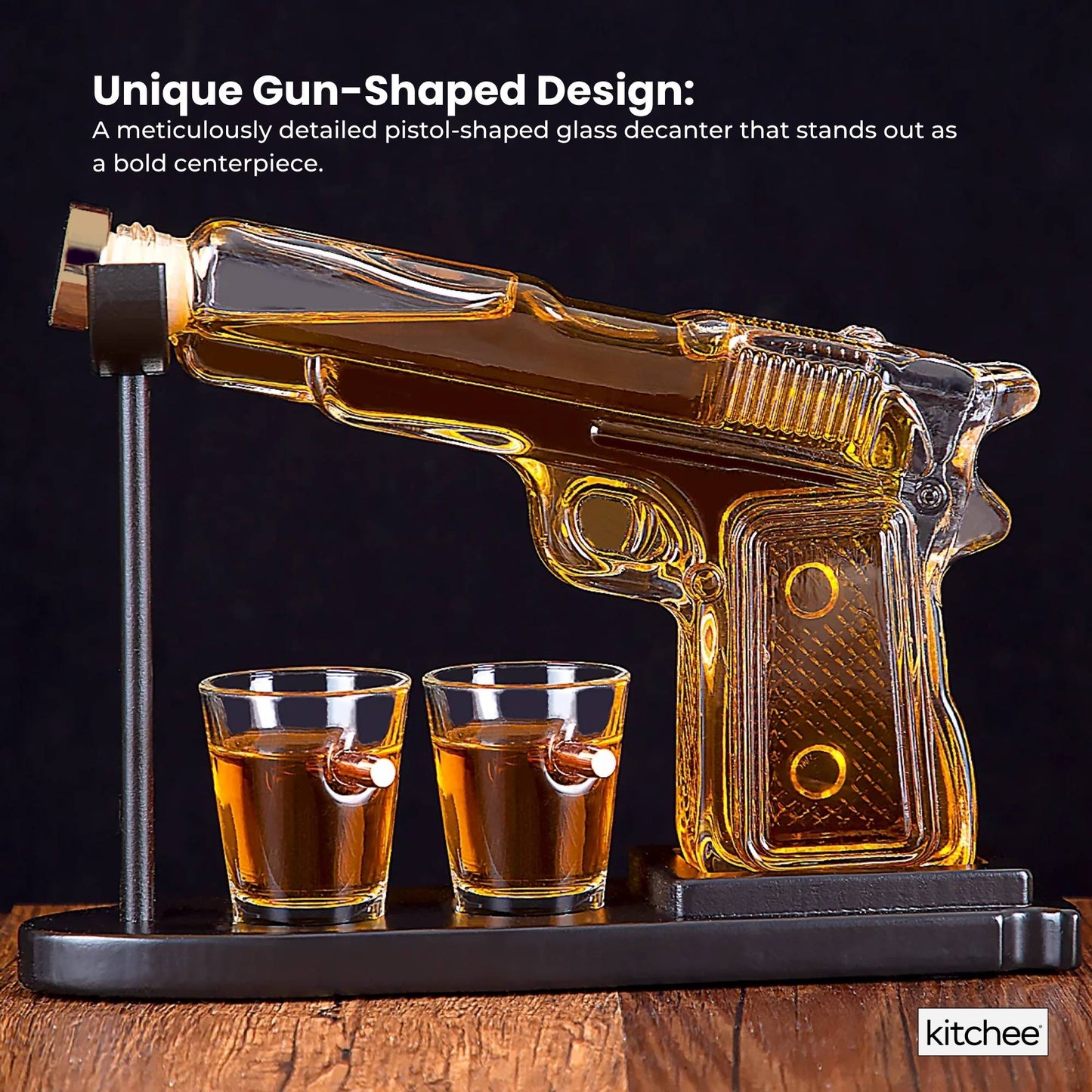 225mL Whisky or Wine Decanter Glass Pistol Set - 2 Shot Glasses + Wooden Stand-4