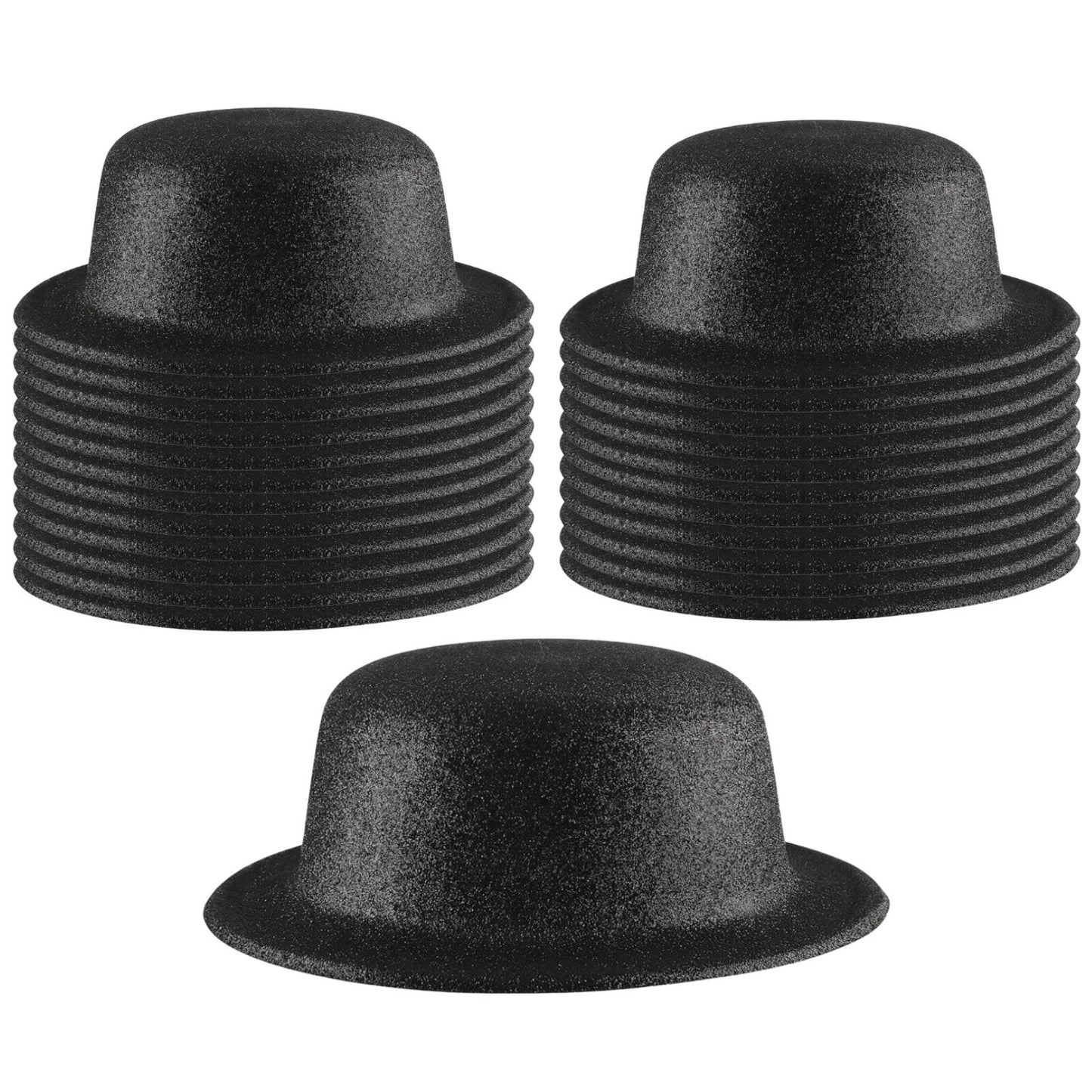 24x GLITTER BOWLER HAT Fancy Party Plastic Costume Cap Fun Dress Up Sparkle BULK - Black