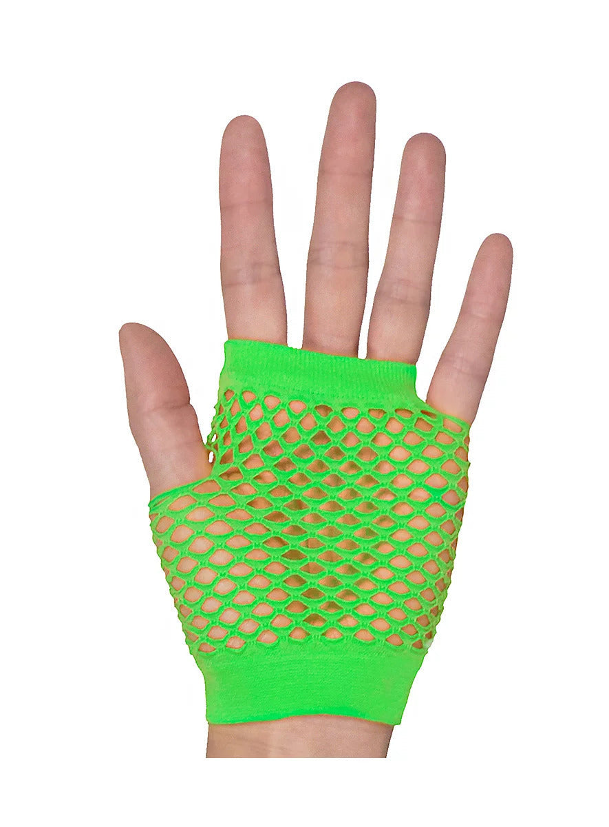 24 Pair Fishnet Gloves Fingerless Wrist Length 70s 80s Costume Party Fluro Green-3