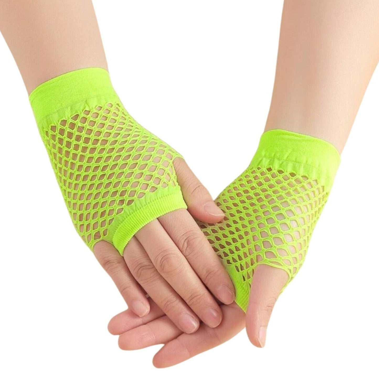 24 Pair Fishnet Gloves Fingerless Wrist Length 70s80s Costume Party Fluro Yellow