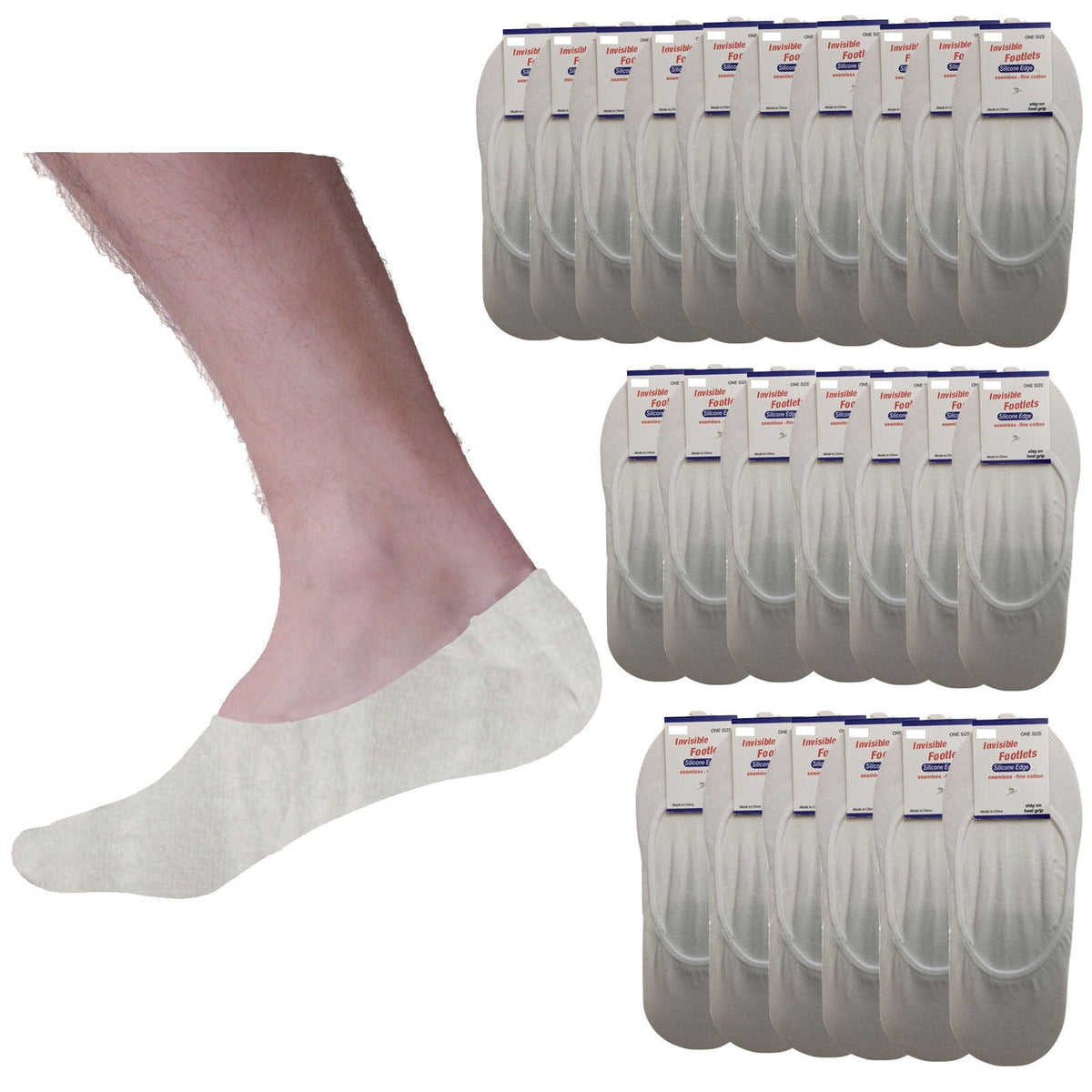 24x NO SHOW COTTON SOCKS Non Slip Heel Grip Low Cut Invisible Footlet Seamless - White