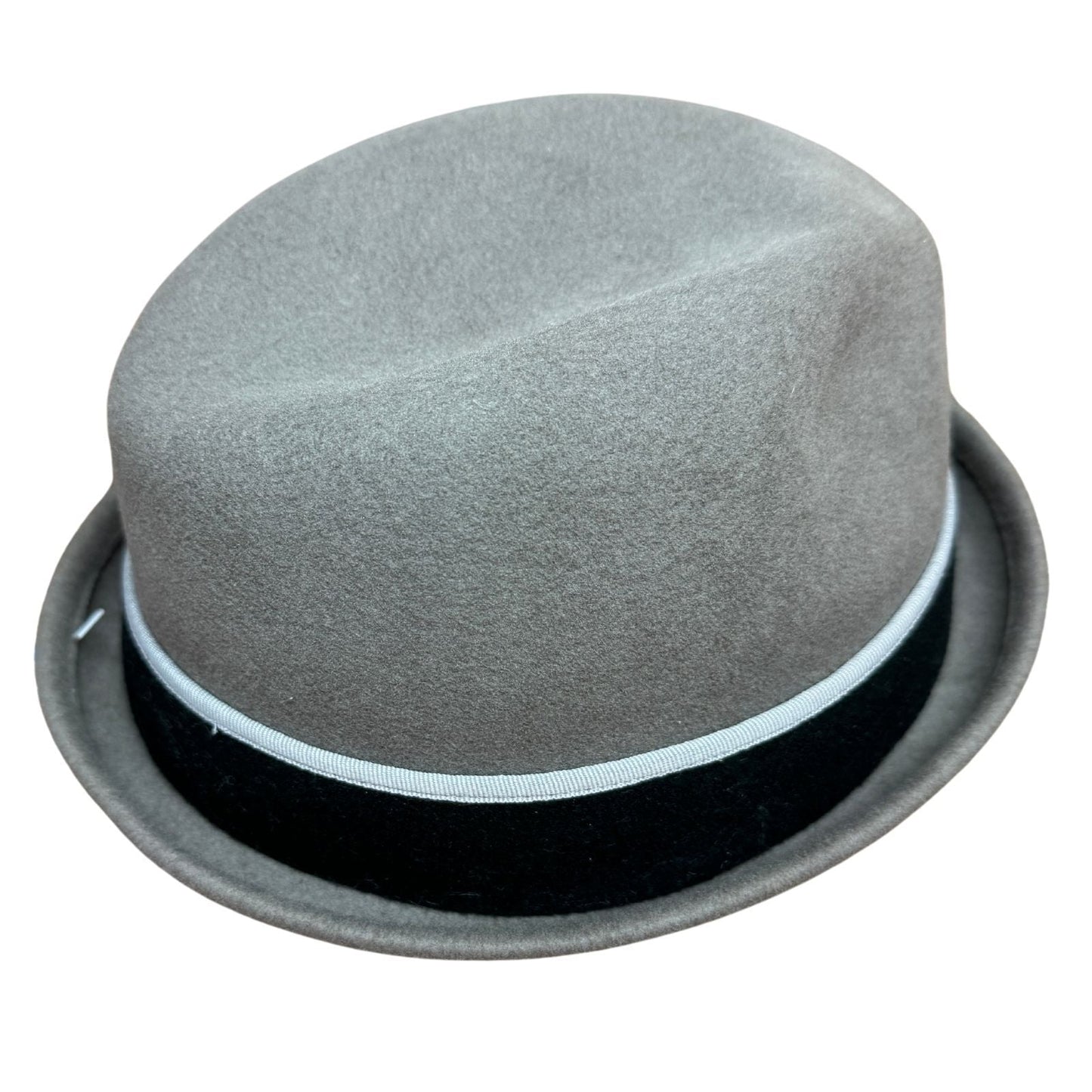 100% Wool Mens Stingy Gutter Brim Felt Hat with Petersham Trim in Grey M - Black/White Feathers-4