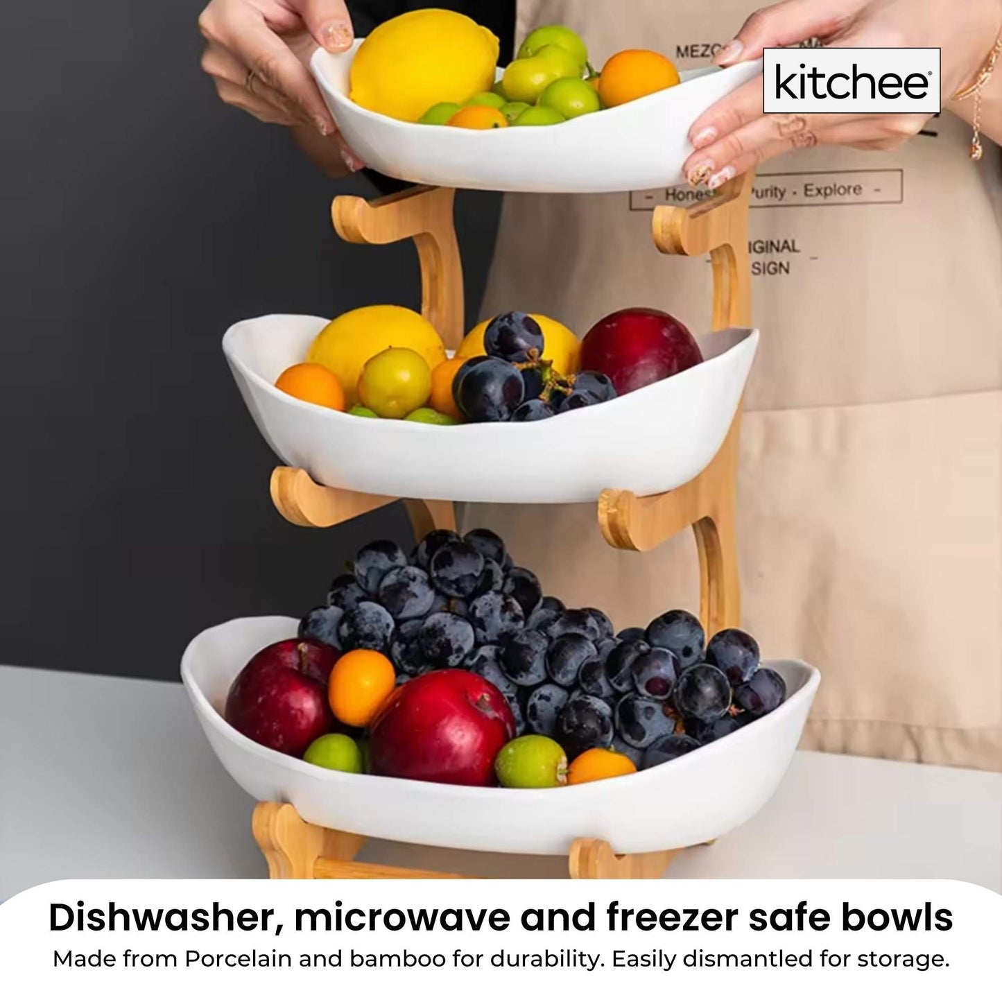 3 Tier Porcelain Fruit Bowl - Ceramic Vegetable Storage With Bamboo Stand-4