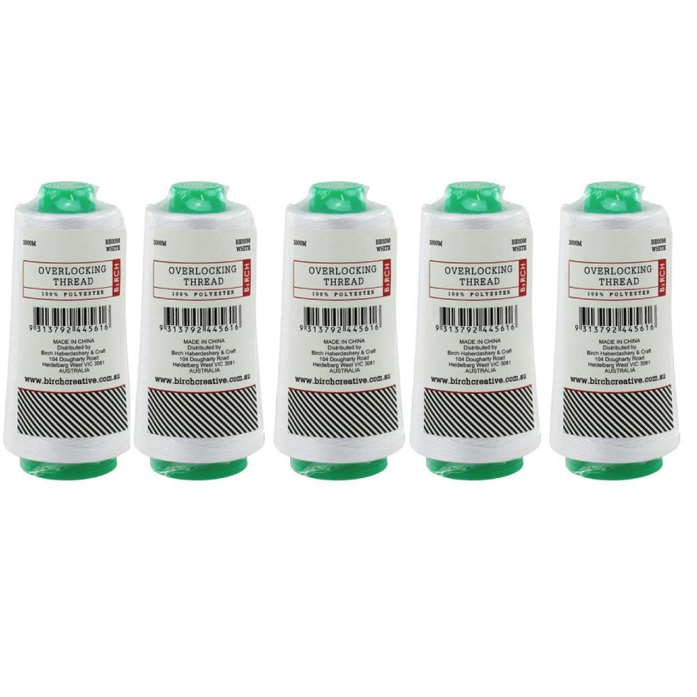 5 Pack White Overlocking Thread 2000m Polyester Birch Overlocker Cone Spool Sewing-0