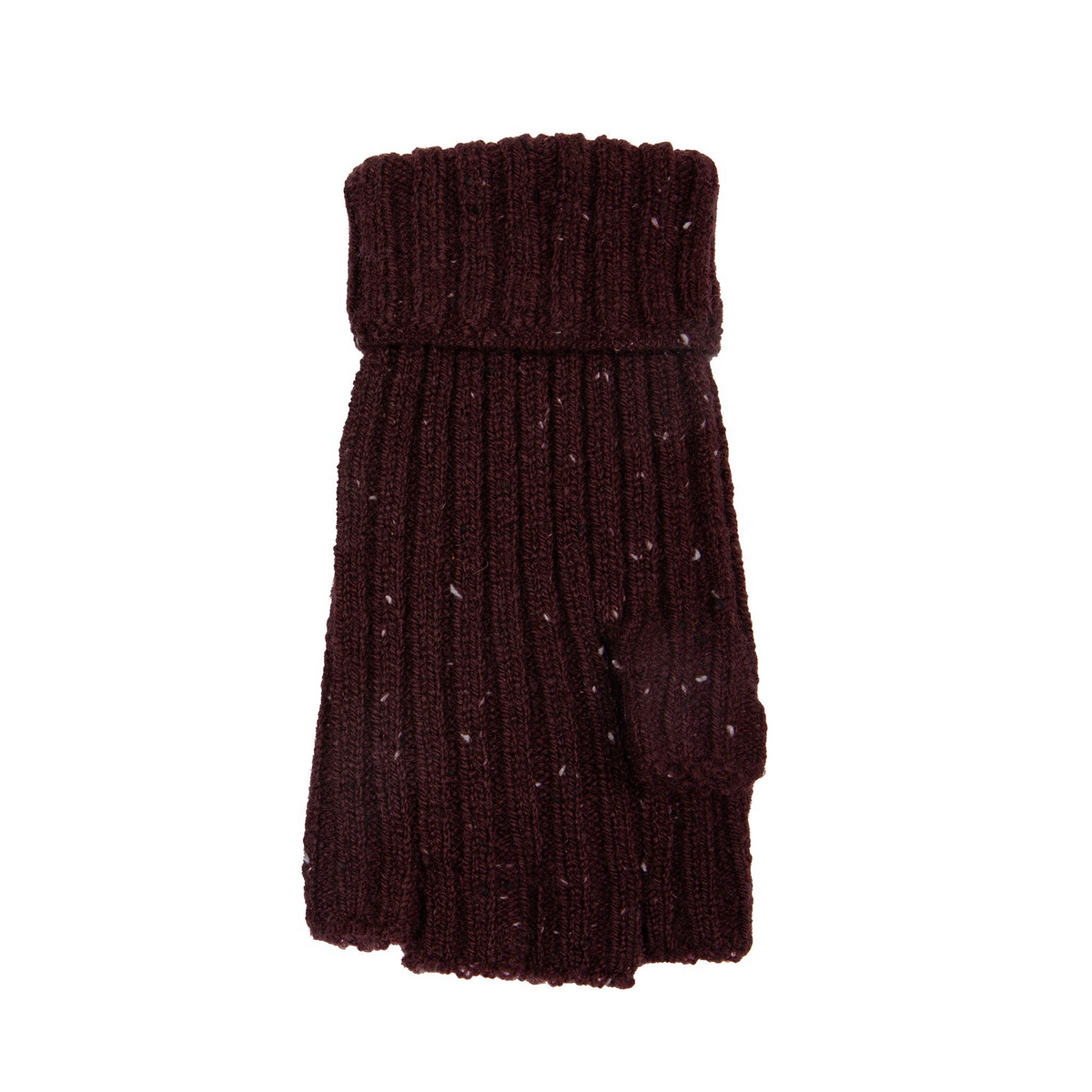 Dents Womens Ribbed Knit Wool Blend Fingerless Gloves with Marl Yarn and Mitten Flap in Burgundy