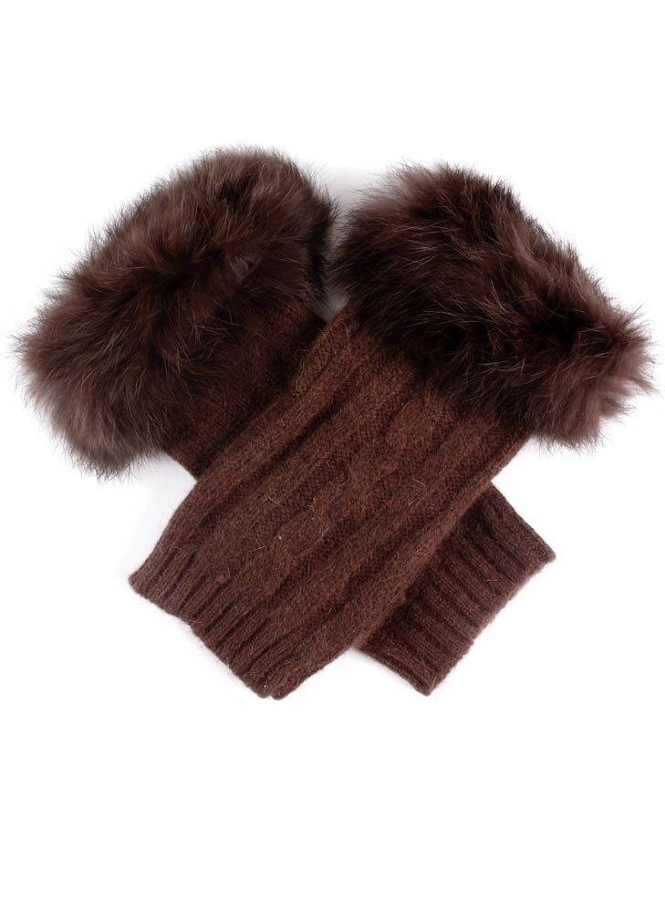 Dents Womens Wrist Warmers Lambswool Angora Cable Knit Fur Cuff - Chocolate