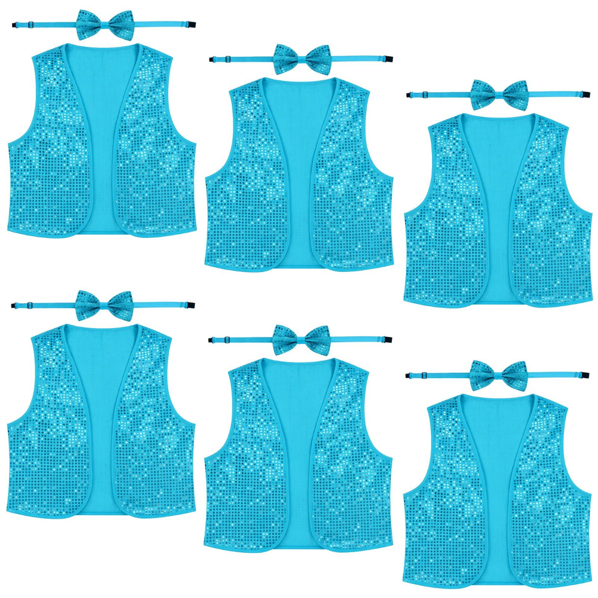 6x Kids Sequin Vest Bow Tie Set Costume 80s Party Dress Up Waistcoat - Sky Blue