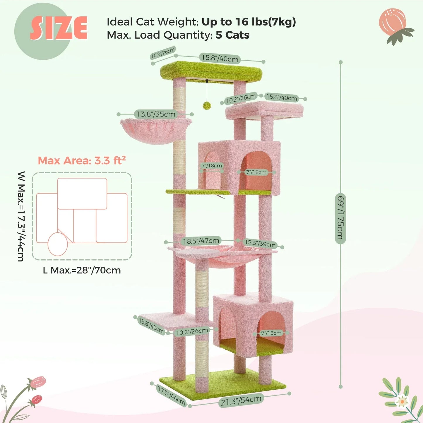 7 Level Cat Tree Tower Scratching Condo 175cm - Pink/Green-1