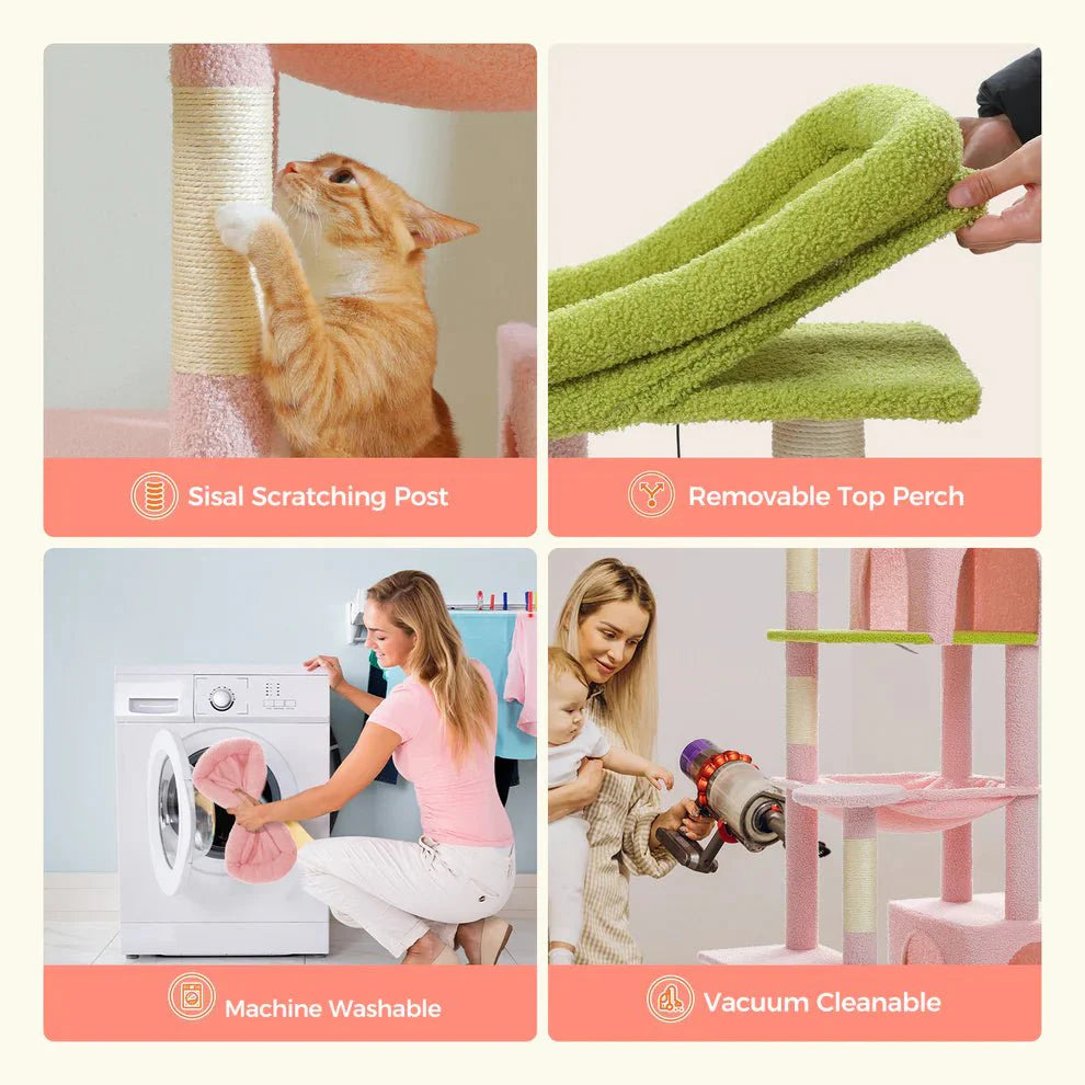 7 Level Cat Tree Tower Scratching Condo 175cm - Pink/Green-2