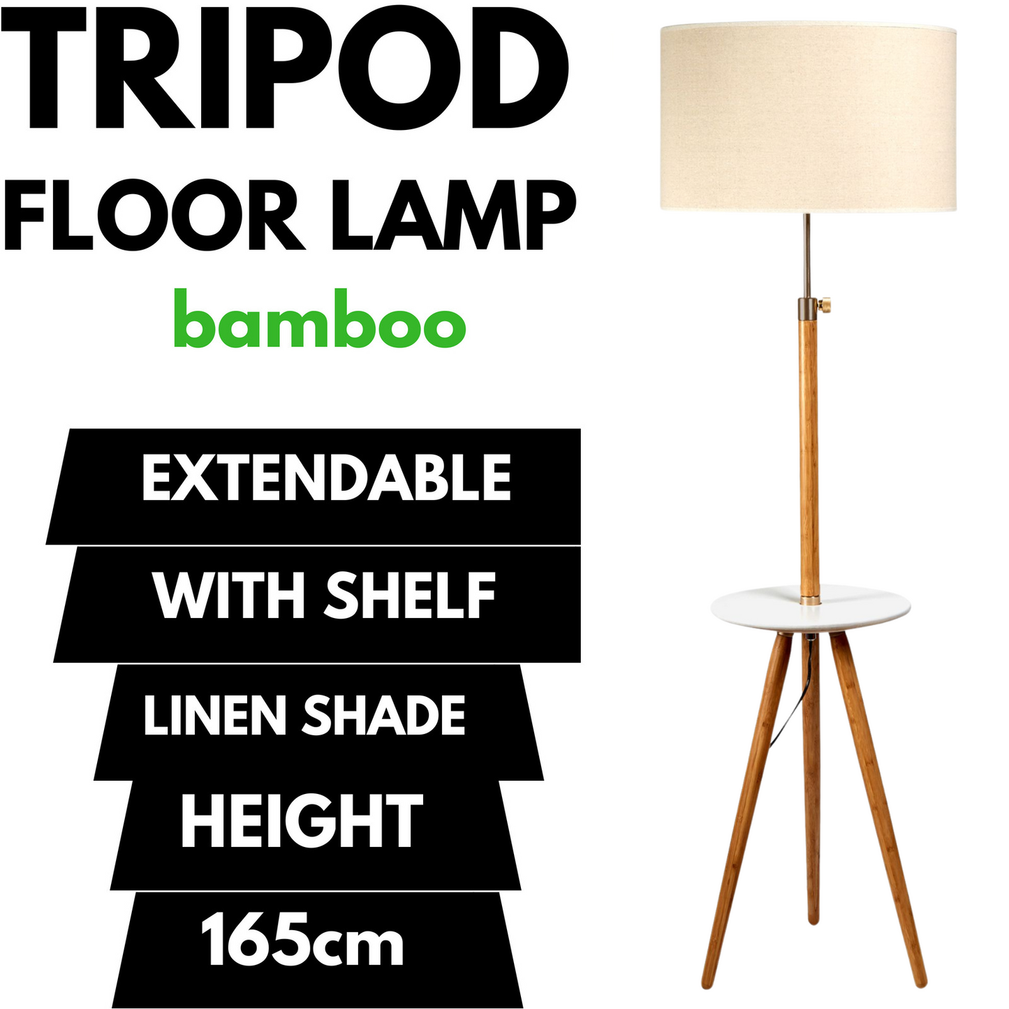 165cm Adjustable Bamboo Tripod Floor Lamp with Linen Shade & Built-In Table-1