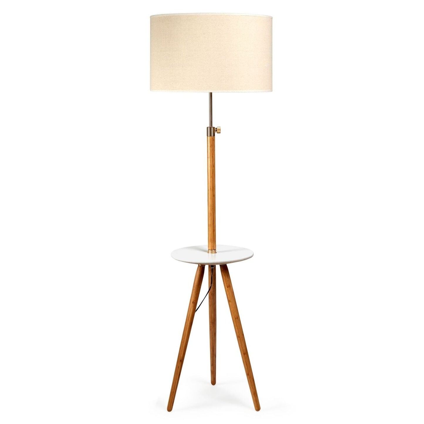 165cm Adjustable Bamboo Tripod Floor Lamp with Linen Shade & Built-In Table-0