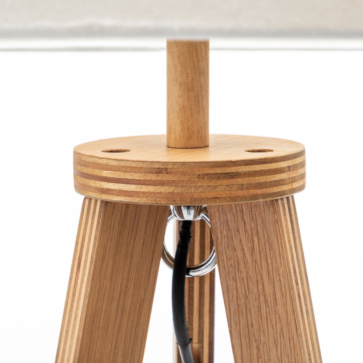145cm Wooden Tripod Floor Lamp with Round Shelf & White Linen Shade - Natural-3