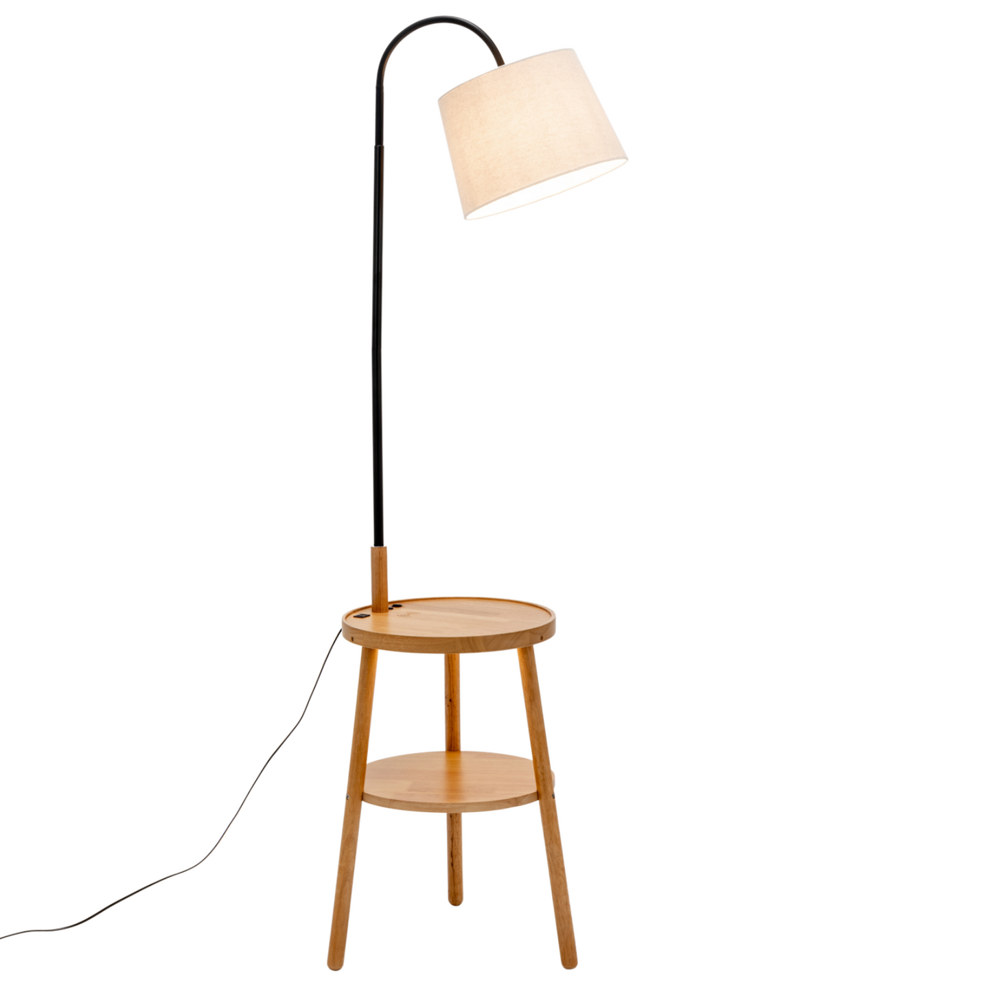 174cm Naples Tripod Floor Lamp & Shelf Storage w/ USB Charger - Natural Wood-0