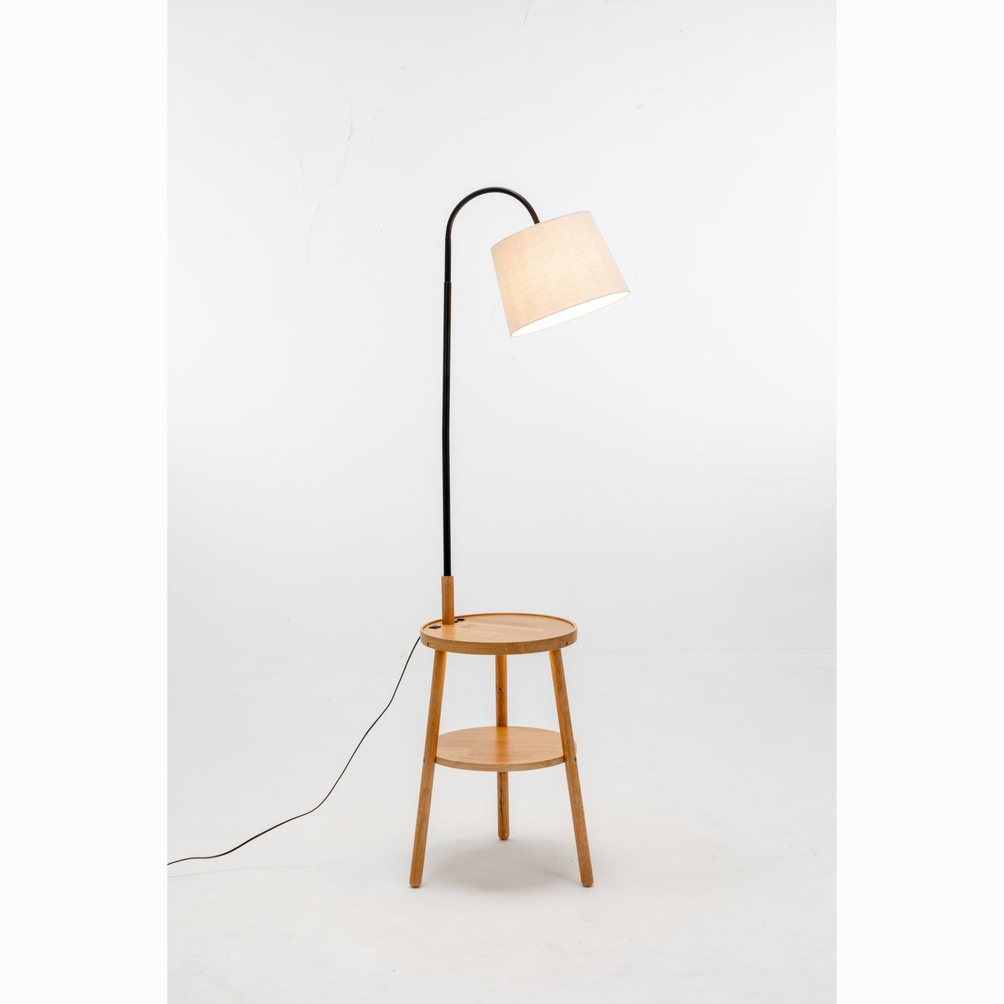 174cm Naples Tripod Floor Lamp & Shelf Storage w/ USB Charger - Natural Wood-2