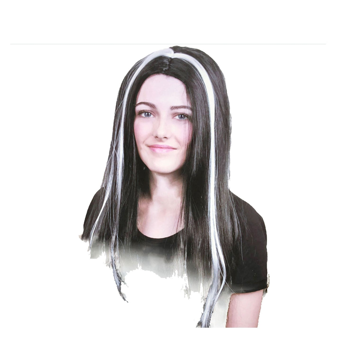 Womens VAMPIRE WIG Long Straight Wig Costume Party Hair Accessory Halloween - Black/White-1