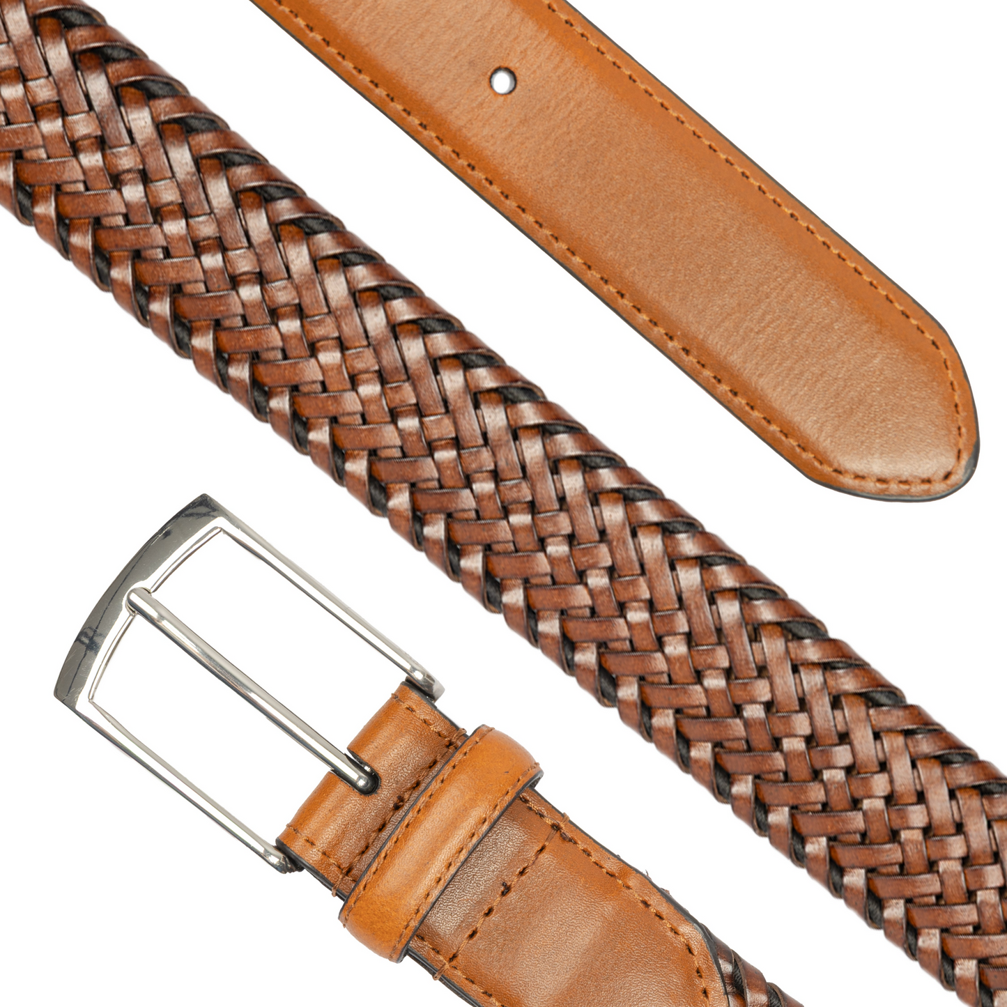 Dents Mens Woven Leather Belt with Satin Nickel Buckle in Tan