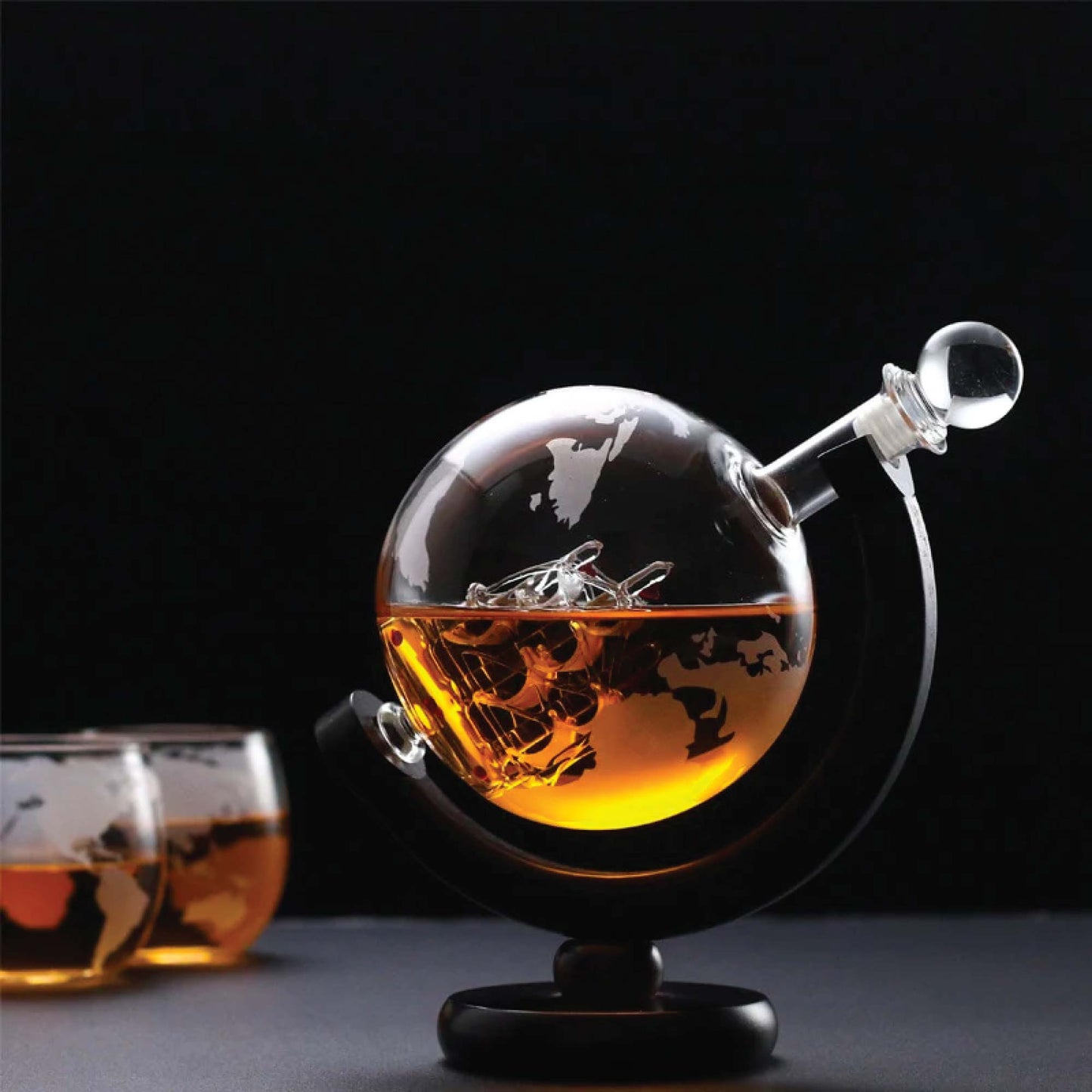 850ml Whiskey or Wine Globe Glass Decanter Set - 2x Glasses + Wooden Stand-4