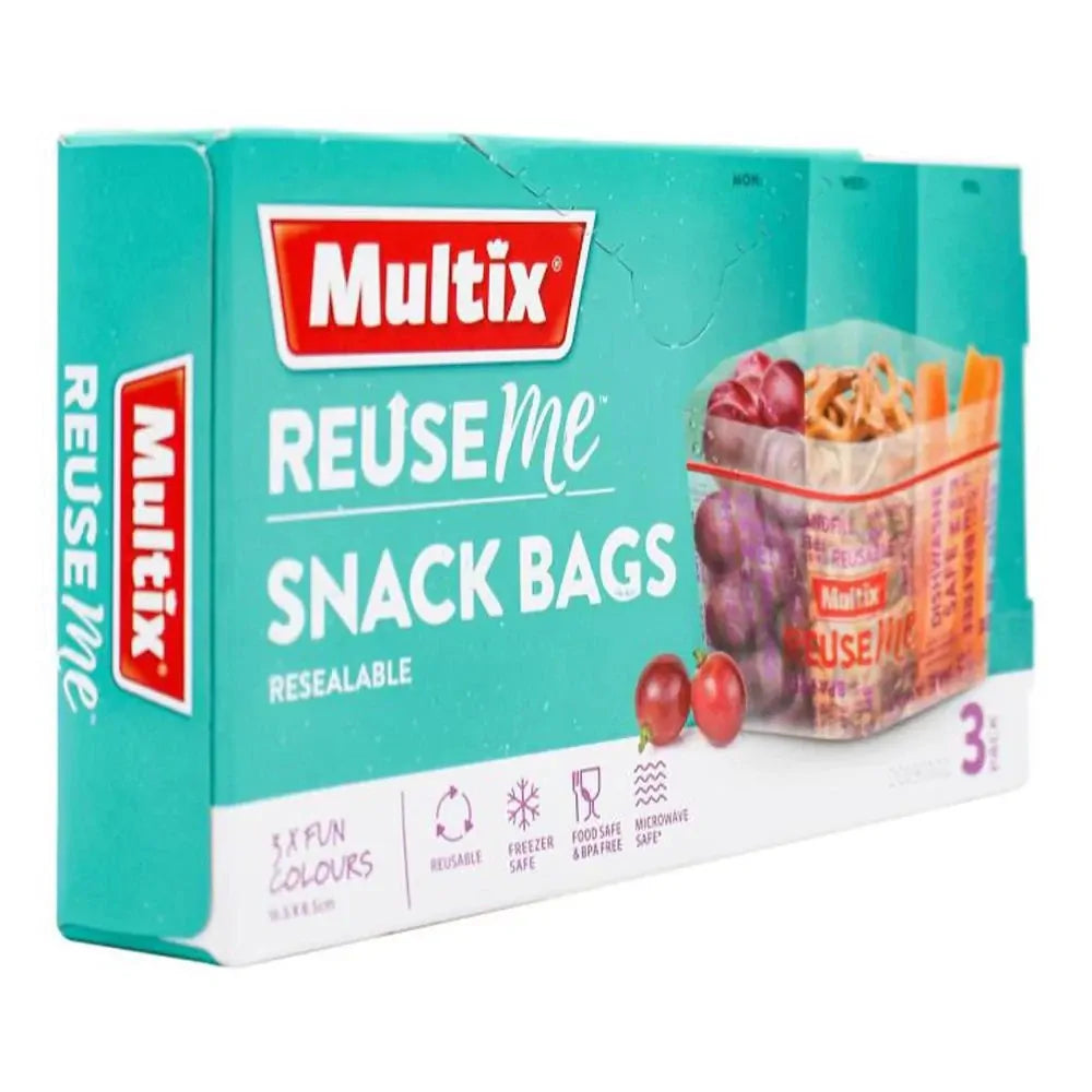 Multix Reuse Me Snack Bags 3 Pk Resealable BPA Free Microwave Safe - 16.5x8.5cm