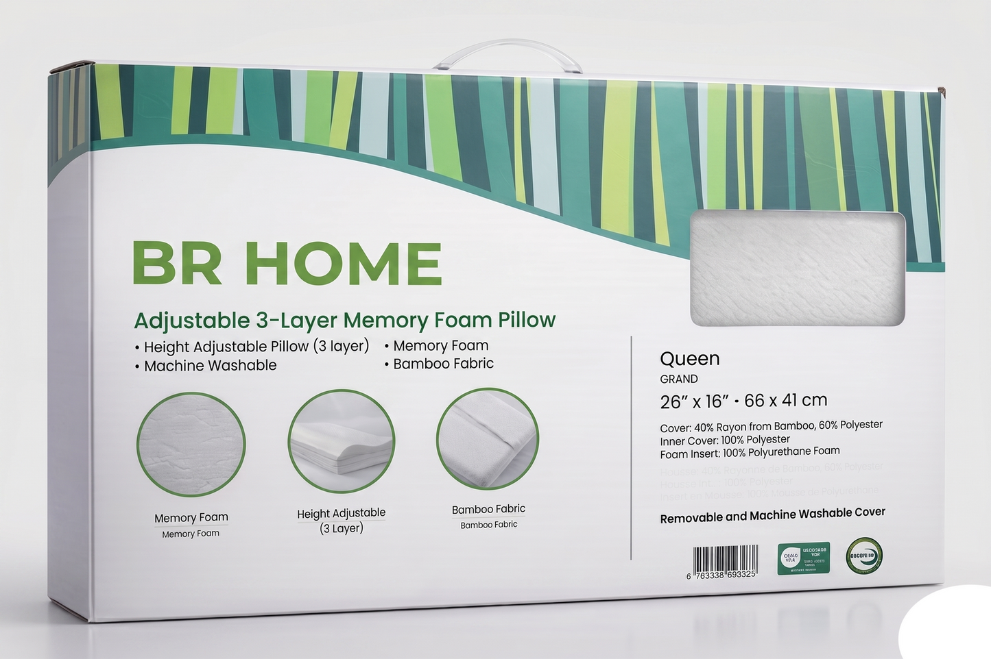 Bamboo Height Adjustable Pillow 3-Layer Memory Foam (Machine Washable) 41x66cm