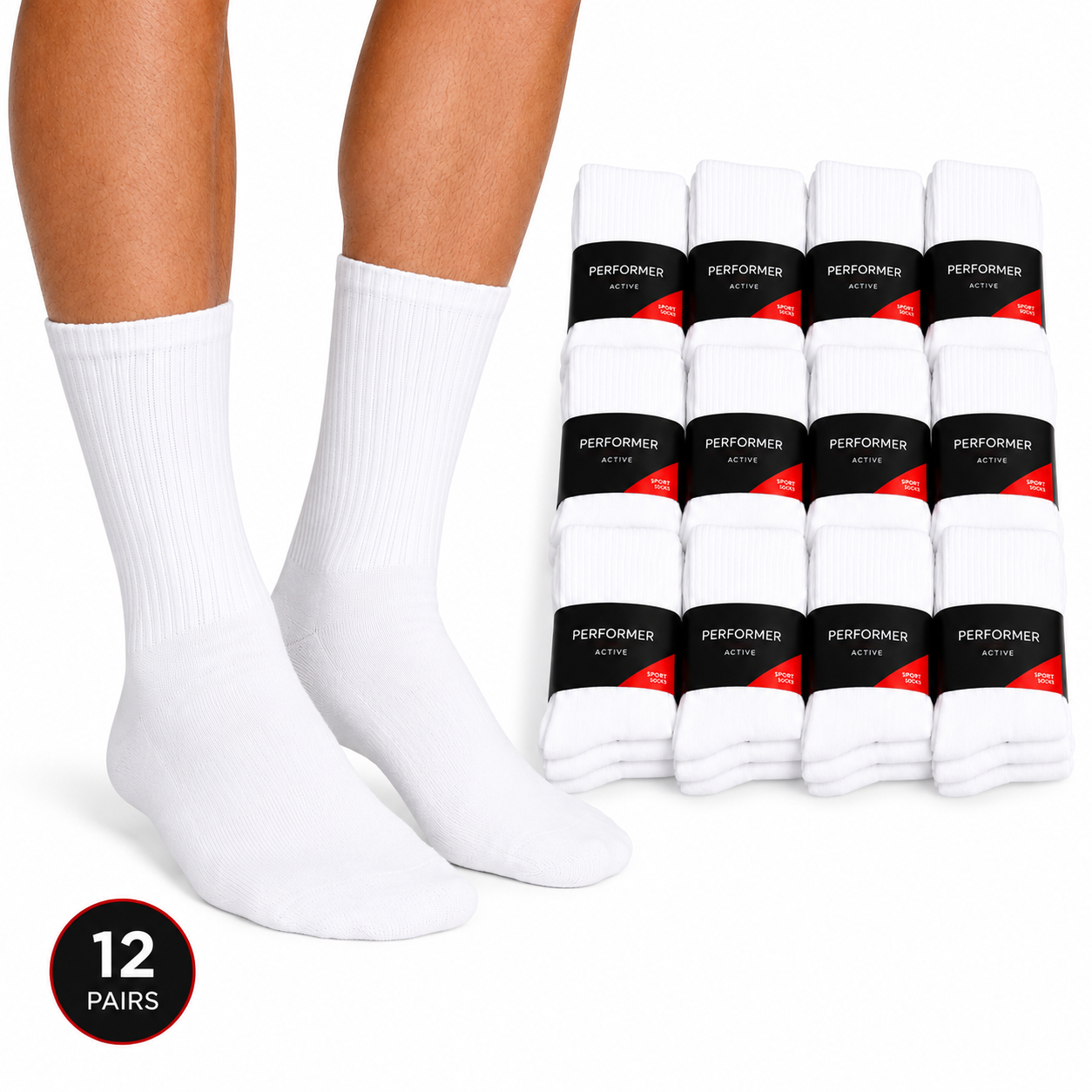 12x Mens Cotton Crew Socks for Everyday/Sports Bulk Pack in White