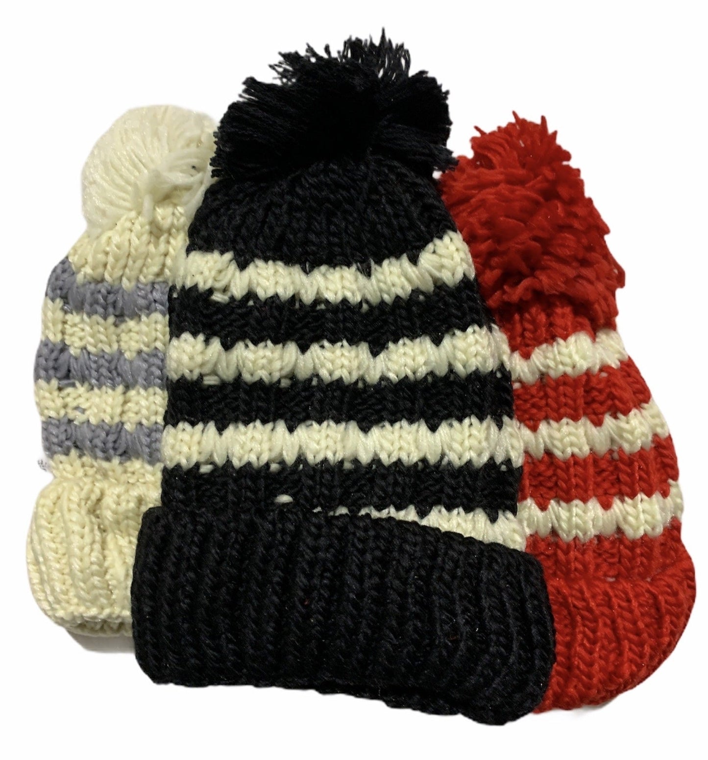 Womens Thick Knit Beanie Winter Fleece Lined Hat Warm Faux Fur Pom Striped Ski-0