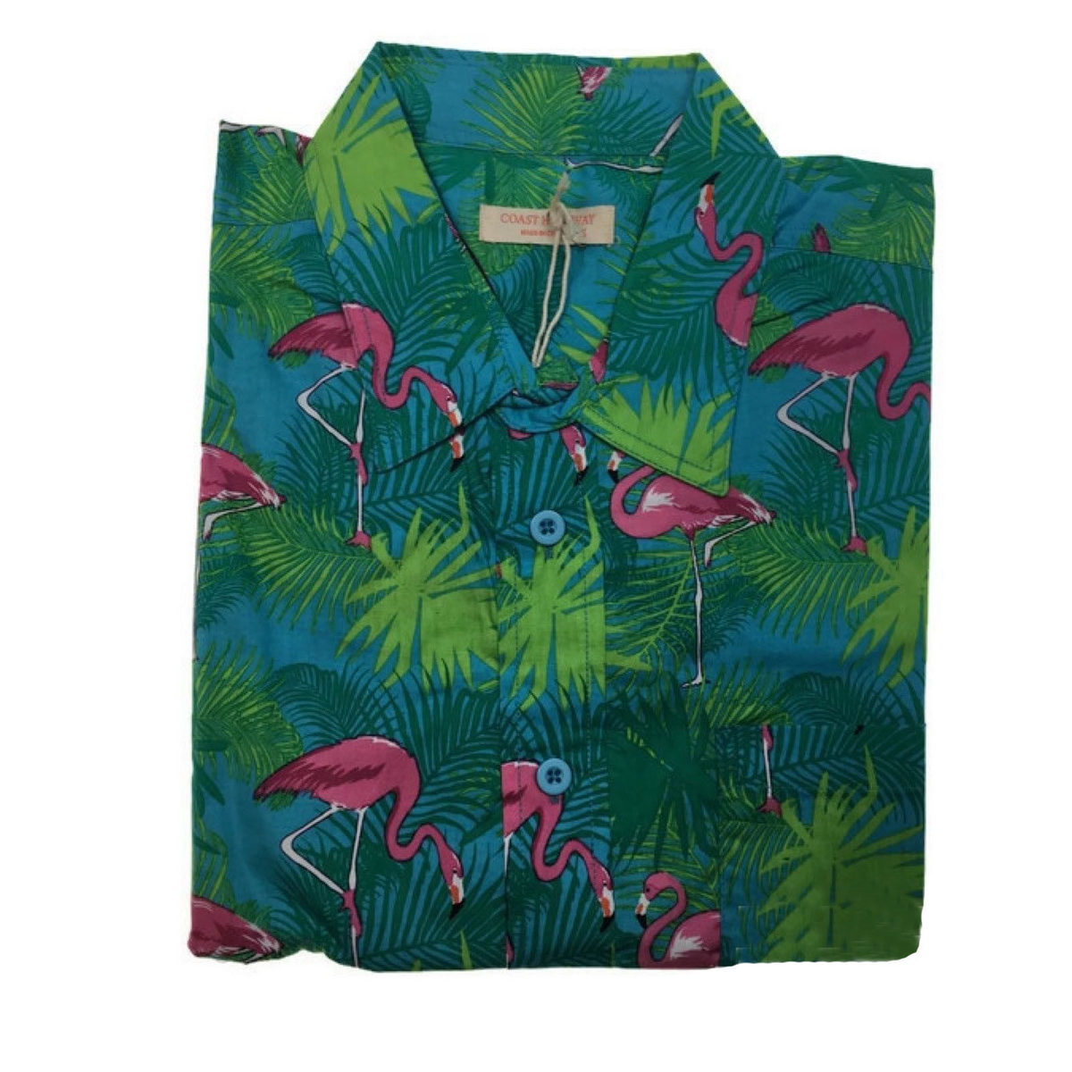 Mens Oahu Hawaiian Party Shirt Button Hippie Tops Short Sleeve Beach Holiday - Palm Flamingo
